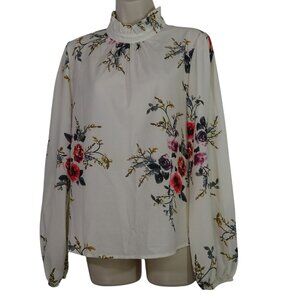 Floral High Neck Long Sleeve Blouse Women Size L Beige Keyhole Back Cottage